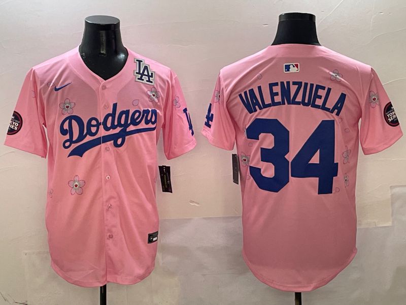 Men Los Angeles Dodgers 34 Valenzuela Pink Sakura Edition 2025 Nike MLB Jersey style 9